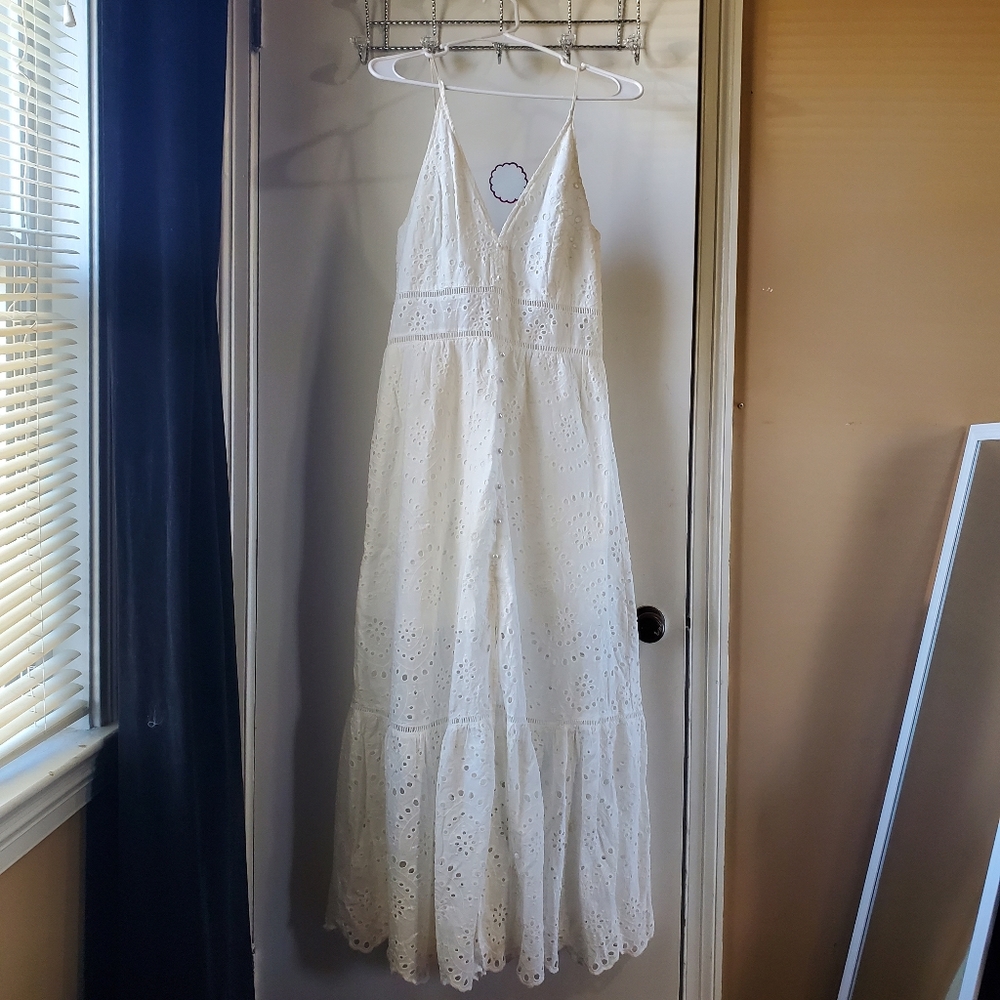 Lace White Maxi Dress with Pearl Button Details